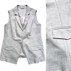 Long vest - like a blazer without arms - in gray, original 90s. You can wear them well with a blouse underneath or "on their own". Very good vintage condition! Material: 64% polyester, 34% viscose, 2% elastane Color: light gray Estimated size: L/XL Please be sure to pay attention to the dimensions! Dimensions - measured flat: Length approx. 76 cm / 29.9 inches Chest 55.5 cm / 21.8 inches Waist 53 cm / 20.8 inches All other items in the photos are decoration only. You can find many of these piece Gray V-neck Vest For Workwear, Summer Stretch Vest For Work, Gray Stretch Vest For Spring, Tailored Sleeveless Gray Vest, Gray V-neck Vest For Work, Sleeveless Gray Outerwear For Work, Spring Workwear Stretch Vest, Casual Sleeveless Vest Blazer, Fitted Gray Vest For Layering