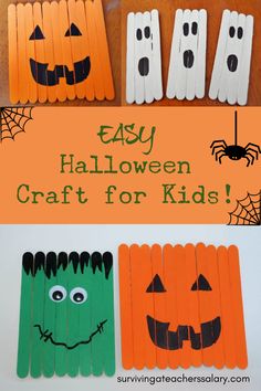 easy halloween craft for kids to make with popsicle sticks and pumpkin faces on them