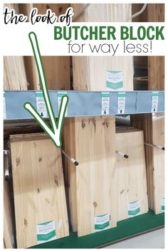 the look of butcher block for way less is featured in this ad with an arrow pointing to it