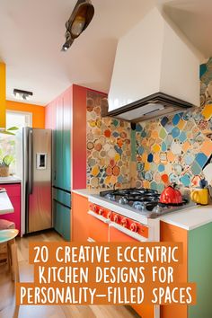 a kitchen with colorful tiles on the walls and counters, as well as a stove top oven