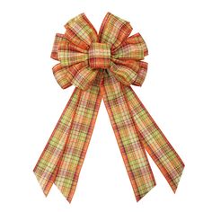 an orange and green plaid bow on a white background