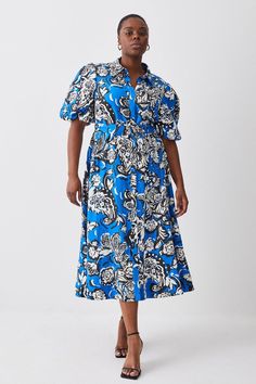 Plus Size Batik Viscose Linen Belted Midi Shirt Dress Summer Midi Dress With Batik Print, Blue Abstract Print Short Sleeve Dress, Blue Short Sleeve Dresses With Abstract Print, Blue Short Sleeve Dress With Abstract Print, Blue Collared Printed Dress, Blue Printed Collared Dress, Blue Batik Print Dress For Spring, Summer Workwear Dresses With Abstract Print, Fitted Batik Print Dress For Spring