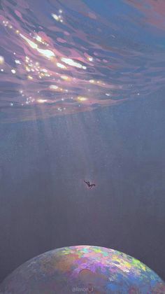 a bird flying over the top of a large object under water with light coming from above