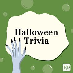 the words halloween trivia written on a green background with two hands reaching for it