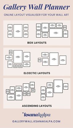 the gallery wall planner is shown in three different colors and sizes, including one for each room