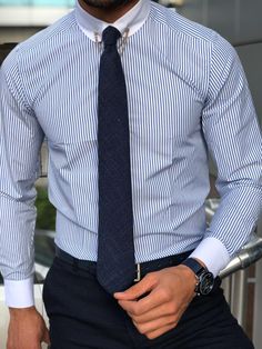 Slim-Fit Striped Chain Collar Shirt Blue-baagr.myshopify.com-Shirt-BOJONI Shirt And Tie Outfits, Mens Suits Black, Mens Suits Navy, Shirt And Tie Combinations, Lumberjack Style, Suits Men Business