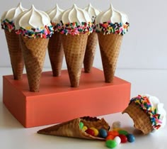 an ice cream cone with sprinkles and candies on top is shown