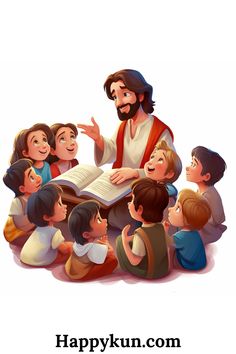 jesus reading to children with the words happy sunday written in front of him on it