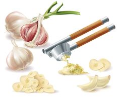 an illustration of garlic being peeled and cut into pieces