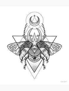 a black and white drawing of a bee with an all seeing eye on it's chest