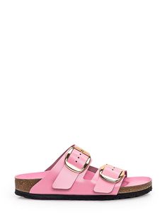 Upper: 100% Natural leather Lining: 100% Leather Sole: 100% Eva Pink Sandals With Buckle Closure And Single Toe Strap, Pink Leather Footbed Sandals With Textured Footbed, Pink Leather Footbed Sandals For Spring, Leather Slides With Adjustable Strap, Flat Shape, Pink Leather Slides With Buckle Closure, Spring Leather Footbed Sandals With Buckle, Pink Leather Footbed Sandals With Removable Insole, Pink Leather Flat Footbed Sandals, Pink Flat Footbed Sandals With Removable Insole