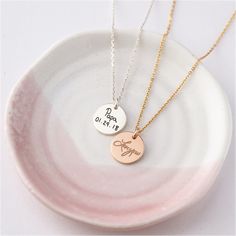 "♥SMALL HANDWRITING DISC NECKLACE♥ Personalize this delicate necklace with your loved one's actual handwriting to keep him/her always by your side. Available in sterling silver, 18k gold and rose gold - plated. It will be a memorial gift that would bring tears to anyone's eyes * Material: Solid 925 Sterling Silver * Finishing: Silver - Yellow Gold - Rose Gold * Dimensions: Pendant measures approx. 1/2\" * Word limits: 1-2 words * Necklace length: You can choose up to 24 inches (includes pendant' Hallmark Necklace For Christmas And Anniversary, Quality Assured Necklace For Christmas Anniversary, Personalized Wedding Necklaces For Christmas, Personalized Wedding Jewelry For Christmas, Rose Gold Necklace For Christmas Personalized Gift, Personalized Rose Gold Necklace For Christmas, Personalized Gift Round Pendant Necklace, Rose Gold Necklace For Christmas Anniversary, Rose Gold Necklace For Anniversary And Christmas