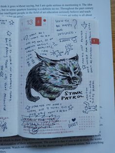 an open notebook with writing on it and a drawing of a cat's face