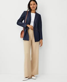 Our wide leg pant is a modern must-have with a perfect drape and high waist that endlessly flatters. Front zip with double hook-and-bar closure. Back besom pockets.,Leg Shape:Leg Shape: Wide Leg – a modern must-have with a statement leg and flattering high waist,Rise:High rise: sits 1/2" to 1" below natural waist,Imported:Imported,Fit:Fit: Tailored & fitted,Length:Full length: 32" inseam with 24 1/2" leg opening,Fabrication:92% Polyester, 8% Spandex,Garment Care:Machine Washable The Wide Leg Pant in Crepe by Ann Taylor Size regular - 10 Baguette Women's Regular, Wide, Leg, Pants, 92%, Polyester, 8%, Spandex, Machine, Washable Navy Pants Outfit, Wide Cropped Pants, French Inspired Fashion, Work Attire Women, Buisness Casual, Women Ceo, Flattering Outfits, High Waisted Wide Leg Pants, Knitted Suit