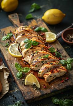 sliced chicken with herbs and lemons on a cutting board