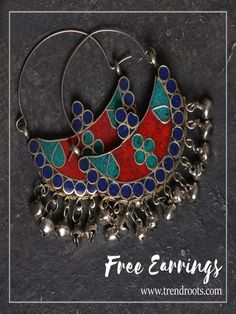 Featuring gorgeous lightweight ethnic german silver chandbali hoop earrings. Beautiful blue base with green and red enamel work gives a traditional touch to the earrings. Silver beads dangle to create a striking look. Perfect for ethnic & traditional wear. You just pay $4.99 to cover charges for shipping. Select any ONE color from - Red, Green and Blue earrings. Don't forget to share this deal with your friends and family. Care: Please ensure that the jewelry is stored separately in the zip Hammered Silver Jewelry, German Silver Jewelry, Junk Jewelry, Chandbali Earrings, Celebrity Engagement Rings, Sterling Silver Rings Set, Jewelry Bracelets Silver, Mens Silver Rings, Traditional Wear