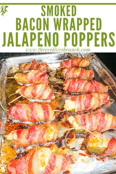 bacon wrapped jalapeno poppers on a baking sheet with text overlay