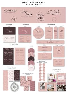 an assortment of pink and brown wedding stationery with matching envelopes, cards, and other items