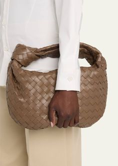 Evening Hobo Bag With Intrecciato Weave, Chic Shoulder Bag With Intrecciato Weave And Round Handle, Designer Shoulder Bag With Intrecciato Weave, Elegant Hobo Bag With Intrecciato Weave, Jodie Bottega, Jodie Bag, Bottega Veneta Jodie, Grey And Gold, Bergdorf Goodman