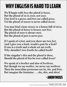 a poem with the words, why english is hard to learn