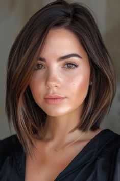 Asymmetrical Shoulder-Length Bob with Subtle Golden Blonde Highlights Mikado Haircut, Trendy Bobs, Shoulder Length Bob Haircut, Haircuts Trendy, Modern Bob, Textured Layers, Bob Cuts, Medium Bob, Classic Bob