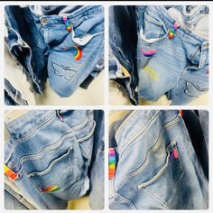 Unique, one-of-a-kind denim jeans with patches and rainbow details #upcycled #patched #y2kfashion #y2k #rainbow Y2k Rainbow, Jeans With Patches, Patched Jeans, Y2k Fashion, Womens Bottoms, Women's Jeans, Denim Jeans, Women Jeans, Women Accessories