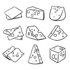 black and white drawing of different types of cheese