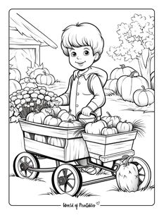 a boy pushing a wagon full of pumpkins in the fall coloring page for kids