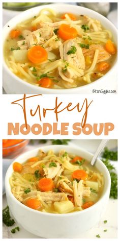 two pictures of chicken noodle soup with carrots and parsley