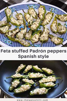 some food is being cooked in a skillet on the stove top and an image of green peppers with feta