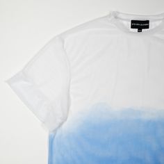 WHITE STRETCH MESH T SHIRT - DIP-DYED IN BLUE - UNISEX  - Sleeve cuff - Regular fit DETAILS AND CARE:  - Nylon and spandex - Machine wash cold - hang dry - *This shirt is hand dyed so dye patterns may vary slightly White Bleached Tops For Streetwear, White Bleached Top For Streetwear, Bleached Blue Tops For Streetwear, Summer Bleached Blue Tops, Casual Ombre Tops For Summer, Summer Cotton Gradient Tops, Summer Gradient Color Short Sleeve Top, Summer Hand Dyed White T-shirt, Blue Bleached T-shirt For Spring