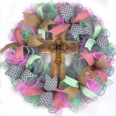 Grey mint and pink mesh wreath with brown wooden cross in the center Round Front Door, Rustic Cross, Wreaths For Sale, Cross Wreath, Living Wall Decor, Pink Door, Framed Photo Collage, Mothers Day Presents, Front Door Wreath