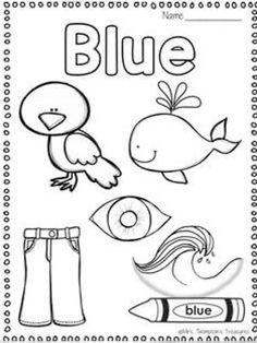 blue worksheet with pictures and words to color on the page, including an image of