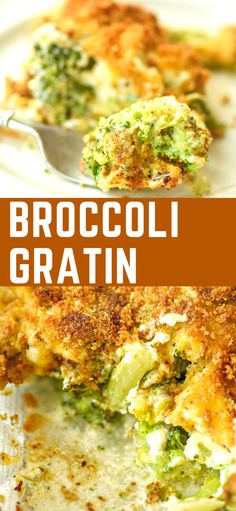 broccoli gratin on a white plate with a fork in it and text overlay