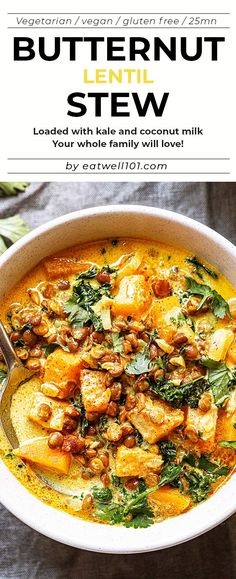 Coconut Butternut and Lentil Stew Recipe - #butternut #stew #lentil #kale #recipe #eatwell101 - This Coconut Butternut and Lentil Stew is an excellent plant-based dinner for just about any night of the week! - #recipe by #eatwell101® Lentil And Butternut Squash Recipes, Butternut And Lentil Soup, Butternut Lentil Stew, Butternut Squash And Lentil Soup, Lentil Butternut Squash Soup, Keto Pescatarian, Butternut Squash Lentil, Lentil Kale