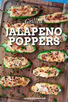 grilled jalapeno poppers on a cutting board with text overlay