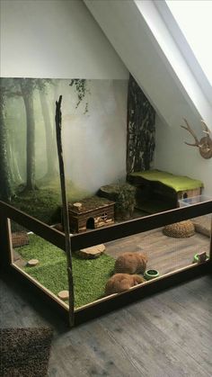 an indoor habitat with grass and rocks in the bottom half, on top of a wooden floor