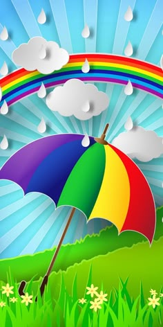 an open umbrella in the grass with rain drops falling from it and a rainbow behind it