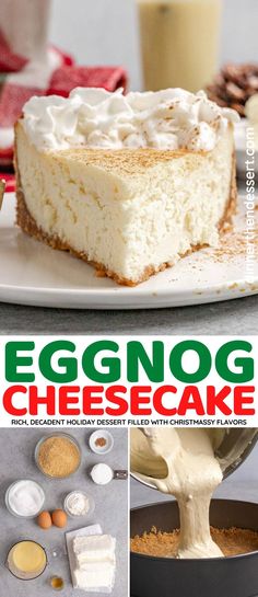 an eggnog cheesecake is shown on a plate with eggs and other ingredients