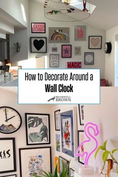 a living room filled with lots of pictures on the wall and a clock hanging from the ceiling