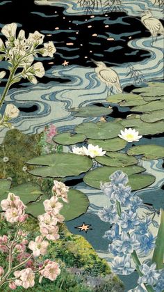 water lilies and other flowers are in the pond