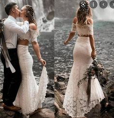 the bride and groom are kissing in front of a waterfall with their wedding bouquets