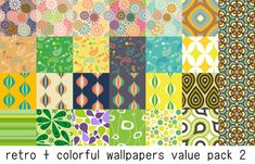 the retro wallpapers value pack 2 is shown in different colors and patterns, including green