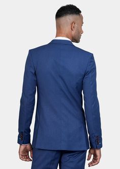 Jacket & pants included. Vest optional. Delivered in just 3 weeks. Free shipping. Covered by our Free Remake Guarantee. Complete the look with Shirts, Ties & Squares. Blue Bespoke Fitted Tuxedo, Bespoke Blue Fitted Tuxedo, Blue Single Button Party Suits, Party Double Breasted Suit With Notch Lapel, Blue Single Breasted Suit For Party, Blue Slim Fit Three-piece Suit For Party, Blue Party Suit, Fitted Blue Three-piece Suit With Pressed Crease, Fitted Double Breasted Suit With Notch Lapel For Party