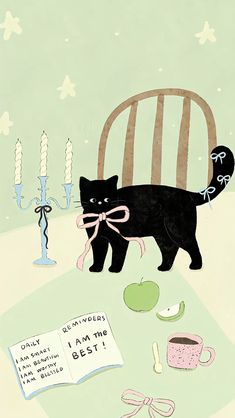 a black cat standing on top of a wooden chair next to an apple and candle