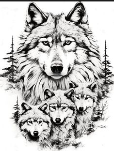 three wolfs are standing in front of some trees