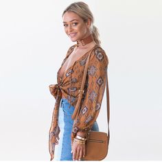 FREE SHIPPING Women Blouses Floral Print Beach Cover Shirt Bow Tie V Neck Long Sleeve Crop Tops JKP1500 Bohemian Brown Blouse For Day Out, Brown Long Sleeve Top For Vacation, Brown Blouse For Fall Vacation, Brown Fall Blouse For Vacation, Beach Blouse With Brown Print, Beach Printed Brown Blouse, Trendy Brown Beach Blouse, Leather Pants Style, Blouse Crop Top