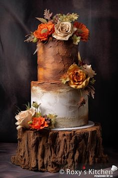 a three tiered cake with flowers on top is sitting on a tree stump in front of a black background