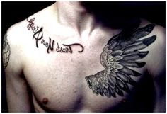 a man's chest with an eagle tattoo on it that says, trust your wings