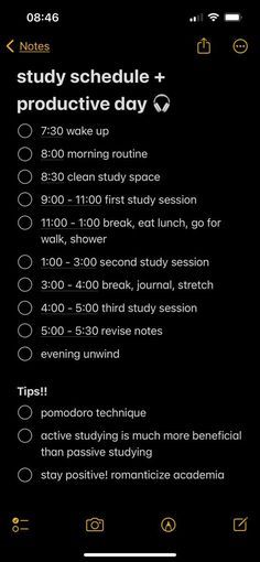 an iphone screen with the text study schedule and produtive day written on it